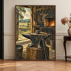 May include: A framed wall art print depicting a blacksmith's workshop with a heavy metal anvil resting on a wooden stump, a hammer, metal tongs, a burning forge, and several horseshoes hanging on the stone wall, overlooking a rural landscape.