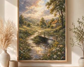 Peut inclure: Une peinture de paysage encadrée représentant une vallée ensoleillée avec une petite maison en pierre, un pont en bois au-dessus d'un ruisseau et un arc-en-ciel dans le ciel. La scène montre des collines verdoyantes et des fleurs sauvages.