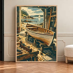 May include: A framed wall art print depicting a wooden boat under construction inside a workshop. The scene shows a boat on wooden supports, wood shavings on a workbench, and a view of a coastal landscape with a sailboat on the water.