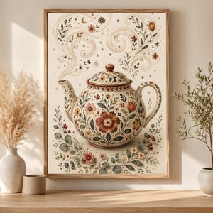 Lámina decorativa de tetera floral para pared, póster sin marco de arte popular escandinavo, póster en papel mate de calidad museística, decoración nórdica para cocina y hogar.