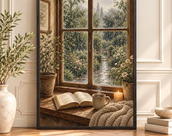 Reading Nook Wall Art, Cozy Cottage Window Print, Book Lover Artwork, Cottagecore Home Library Decor