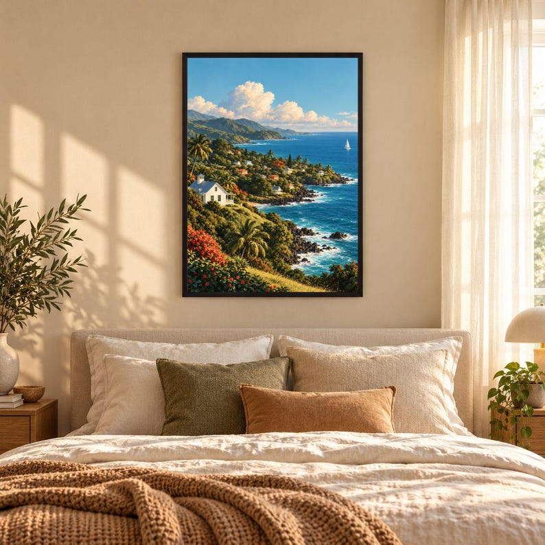 Tropical Coastal Village Wall Art, Ocean Landscape, Island Cottage