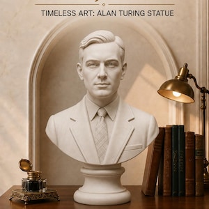 Könnte beinhalten: Eine weiße Büste von Alan Turing mit Hemdkragen und Krawatte, platziert auf einem Schreibtisch mit Tintenfass, Messinglampe und mehreren Büchern. Der Text lautet THE ARTISAN OBJECT, TIMELESS ART: ALAN TURING STATUE, HANDMADE WITH CARE, PREMIUM QUALITY, LIMITED STOCK, VIEW AND ORDER.
