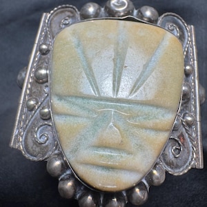 Brazalete vintage de plata esterlina, máscara de calcita tallada, brazalete mexicano de plata 925.