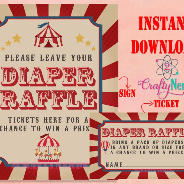 Vintage Circus Carnival Diaper Raffle Game, JPG & PDF Instant Download, Red and Blue, Circus Baby Shower, Carnival Baby Shower, Shower Games