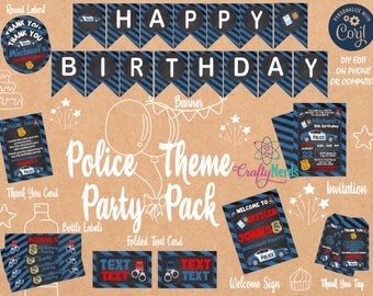 May include: A printable police party pack with a blue and black color scheme. The pack includes a banner, invitation, thank you card, bottle labels, and a folded tent card. The text on the banner reads "Happy Birthday". The invitation says "Calling all units report to the station to celebrate Michael's 5th birthday".