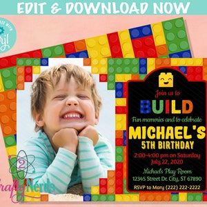 Colorful Building Blocks Birthday Invitation with Picture, with Photo | Editable Instant Download | Edit Online NOW Corjl | INSTANT ACCESS