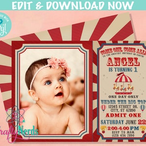 Carnival Ticket Birthday Invitation with photo Vintage Circus invitation| Editable Instant Download | Edit Online NOW Corjl | INSTANT ACCESS