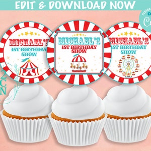 Circus Birthday Cupcake Topper Round Label, Carnival Circus Label Tag | Editable Instant Download | Edit Online NOW Corjl | INSTANT ACCESS