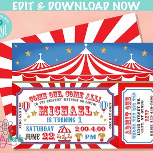 Carnival Circus Birthday Invitation with Tent Top, Red Circus Carnival | Editable Instant Download | Edit Online NOW Corjl | INSTANT ACCESS