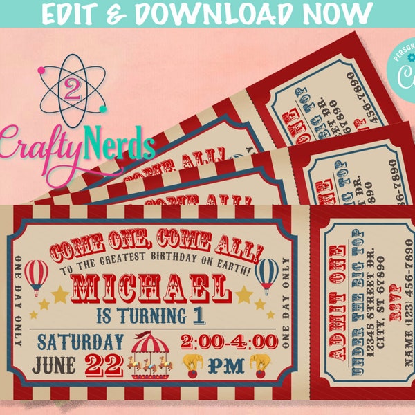 Carnival Ticket Birthday Invitation, Circus Party, Circus invitation | Editable Instant Download | Edit Online NOW Corjl | INSTANT ACCESS zs