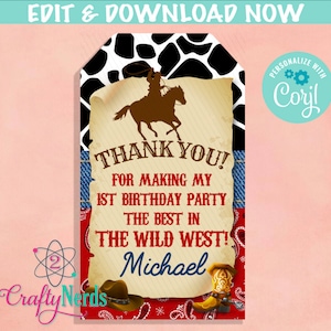 Cowboy Rodeo Birthday Thank You Tag, Cowboy Birthday Tag Rodeo Label | Editable Instant Download | Edit Online NOW Corjl | INSTANT ACCESS T1