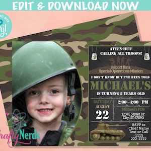 Army Party Birthday Invitation with Photo, Military Party Soldier Party | Editable Instant Download | Edit Online NOW Corjl | INSTANT ACCESS