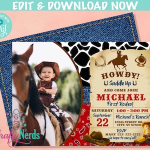 Cowboy Rodeo Birthday Invitation, Western Party, First Rodeo, Wild West | Editable Instant Download | Edit Online NOW Corjl | INSTANT ACCESS