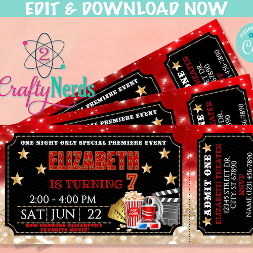 Movie Hollywood Ticket Invitations Birthday Party instant Etsy