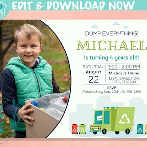 Invitación de cumpleaños de camión de reciclaje W Foto, basura, invitación de coches / Descarga instantánea editable / Editar en línea AHORA Corjl / ACCESO INSTANTÁNEO
