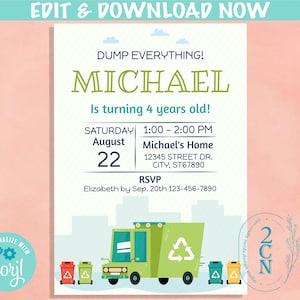 Recycling Truck Birthday Invitation, Garbage, Trash, Cars Trucks Invite | Editable Instant Download | Edit Online NOW Corjl | INSTANT ACCESS