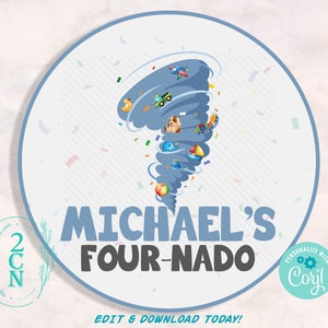 Könnte beinhalten: Ein blauer und grauer Tornado mit Spielzeug, das um ihn herum wirbelt. Der Text "MICHAEL'S FOUR-NADO" befindet sich unter dem Tornado. Der Text "PERSONALIZE WITH Corjl" befindet sich in einem Kreis mit einem Zahnrad-Symbol. Der Text "EDIT & DOWNLOAD TODAY!" befindet sich am unteren Rand des Bildes.