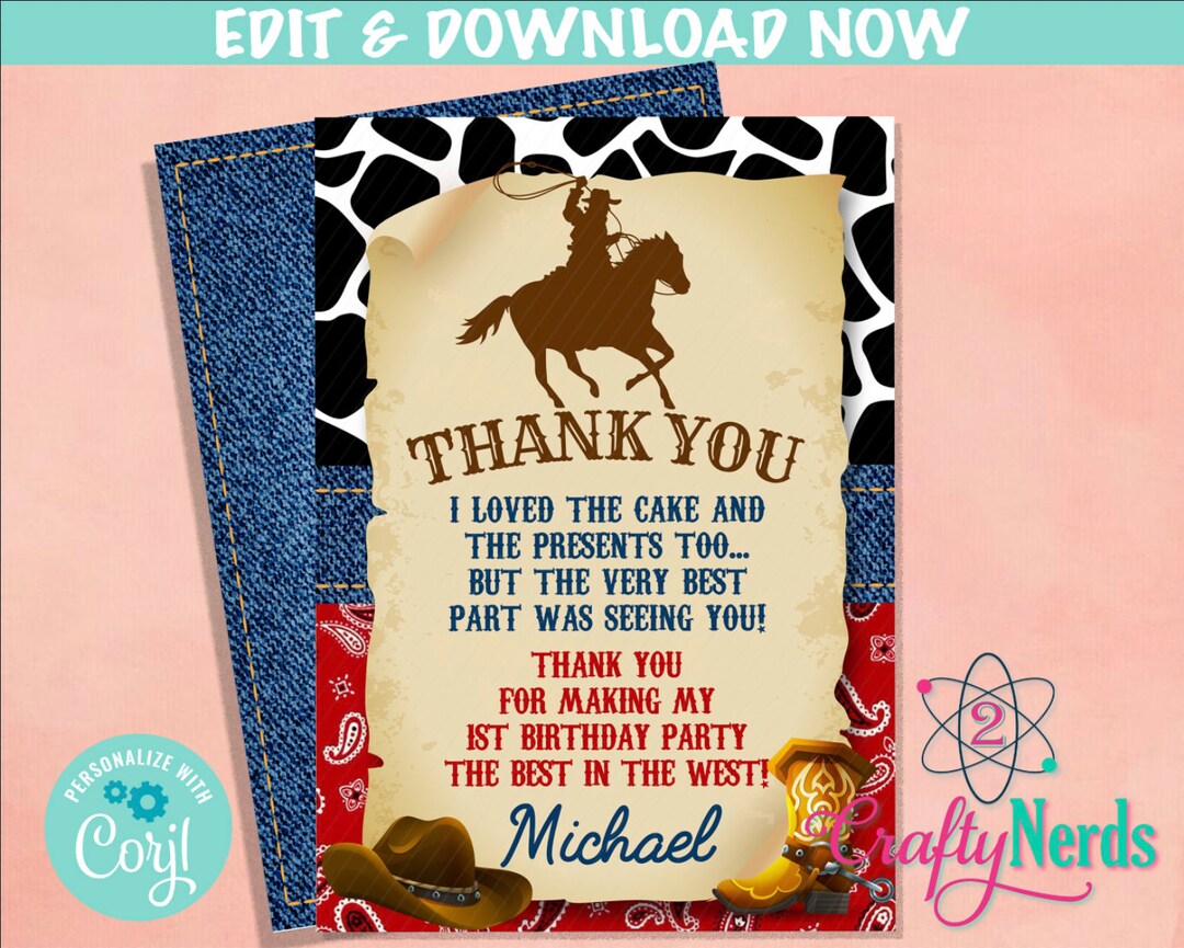 Rodeo Cowboy Birthday Thank You Card Rodeo Birthday Rodeo - Etsy