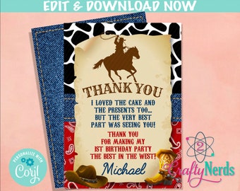 Rodeo Cowboy Birthday Thank You Card, Rodeo Birthday, Rodeo Party  | Editable Instant Download | Edit Online NOW Corjl | INSTANT ACCESS T1
