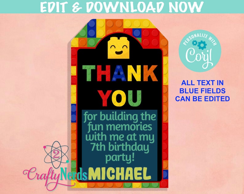 Building Blocks Birthday Thank You Tag Blocks Birthday Tag Etsy