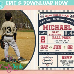 May include: Baseball-themed birthday party invitation with a photo of a young boy wearing a baseball uniform. The invitation features a blue and white striped background with a baseball diamond and the text "Please join us for an All Star Birthday Party." The invitation also includes the name "Michael", the date "Sat Jun 22", the time "2-4 PM", and the location "Ball Park 12345 Street Dr. City, ST 67890".