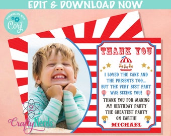 Circus Carnival Birthday Thank You Card With Photo, Circus Party | Editable Instant Download | Edit Online NOW Corjl | INSTANT ACCESS