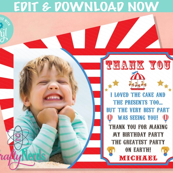 Circus Carnival Birthday Thank You Card With Photo, Circus Party | Editable Instant Download | Edit Online NOW Corjl | INSTANT ACCESS