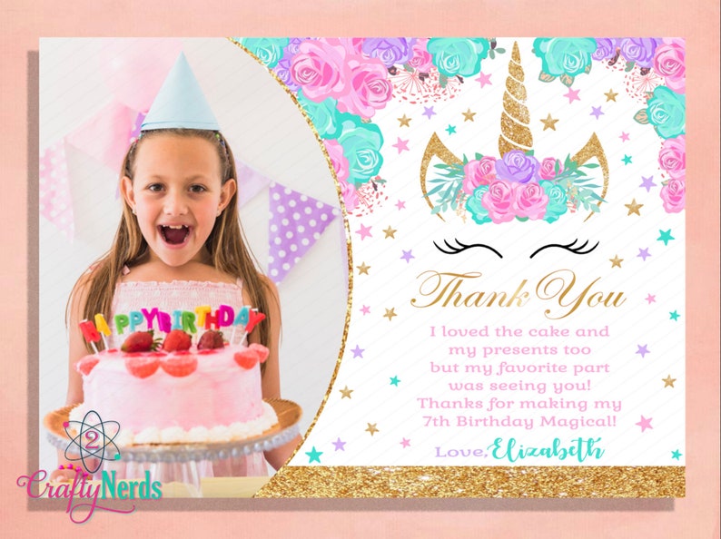 Unicorn Birthday Thank You Note Card With Picture Lavender Purple and Gold Glitter Printable T1 Patel Pink Card with Photo Turquoise