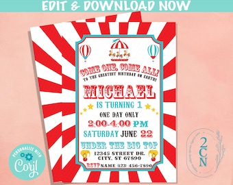 Carnival Circus Birthday Invitation, Circus Party, Carnival Theme | Editable Instant Download | Edit Online NOW Corjl | INSTANT ACCESS