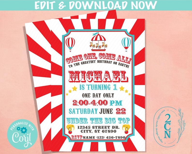 Carnival Circus Birthday Invitation Circus Party Carnival Theme Editable Instant Download Edit Online NOW Corjl INSTANT
