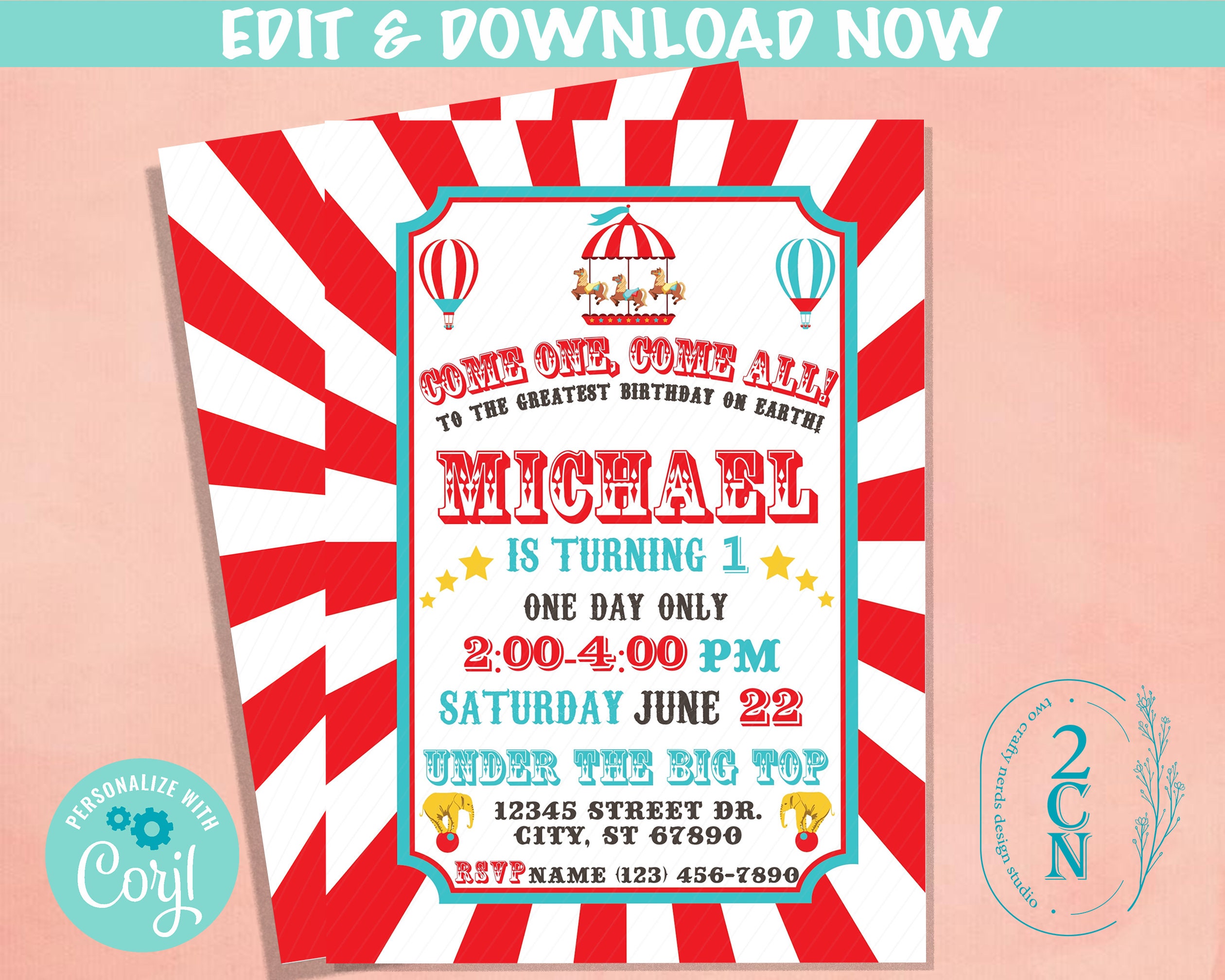 Carnival Circus Birthday Invitation, Circus Party, Carnival Theme |  Editable Instant Download | Edit Online NOW Corjl | INSTANT ACCESS - Etsy, image size:2520x2016