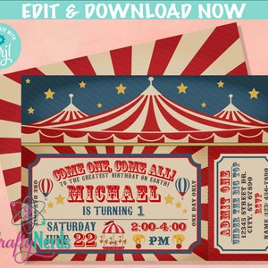 Carnival Circus Birthday Invitation with Tent Top, Circus Carnival | Editable Instant Download | Edit Online NOW Corjl | INSTANT ACCESS