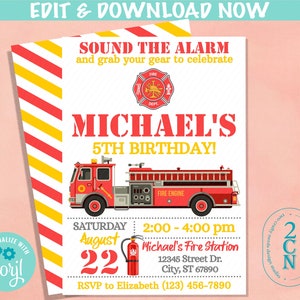 Firefighter Birthday Invitation, Fire Truck Invitation, Fireman Party | Editable Instant Download | Edit Online NOW Corjl | INSTANT ACCESS