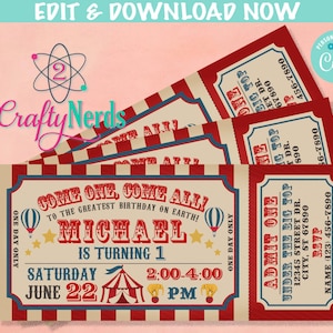 Carnaval Ticket verjaardagsuitnodiging, Circus Party, Circus uitnodiging | Bewerkbare directe download | NU online bewerken Corjl | DIRECTE TOEGANG