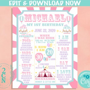 Carnival Circus Birthday Sign Birthday Board, Pastel Milestone Birthday | Editable Instant Download | Edit Online NOW Corjl | INSTANT ACCESS