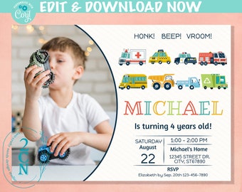 May include: A birthday invitation for a boy named Michael turning four years old. The invitation features a photo of a boy playing with toy cars and a colorful design with the words "HONK! BEEP! VROOM!" and a row of cartoon vehicles. The invitation includes the date, time, and location of the party.