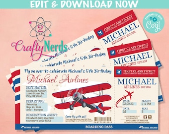 Puede incluir: Una invitación de fiesta de cumpleaños imprimible con un avión rojo, blanco y azul con el texto "Fly on over to celebrate Michael's 5th Birthday Michael Airlines". La invitación está diseñada para parecerse a una tarjeta de embarque de avión con el texto "First Class Ticket Destination - Birthday Party Michael Airlines Est. 2014" en la parte superior.