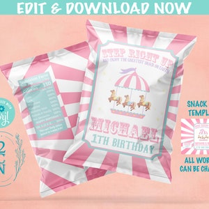 Circus Birthday Chips Bag, Carnival Party Popcorn Bag, 1oz Snack Bag | Editable Instant Download | Edit Online NOW Corjl | INSTANT ACCESS