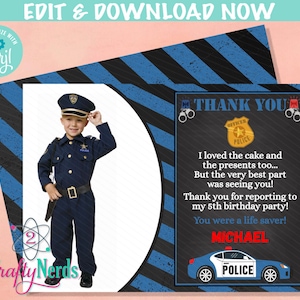 Police Birthday Thank You Card with Photo, Police Party, Cop Thank You | Editable Instant Download | Edit Online NOW Corjl | INSTANT ACCESS