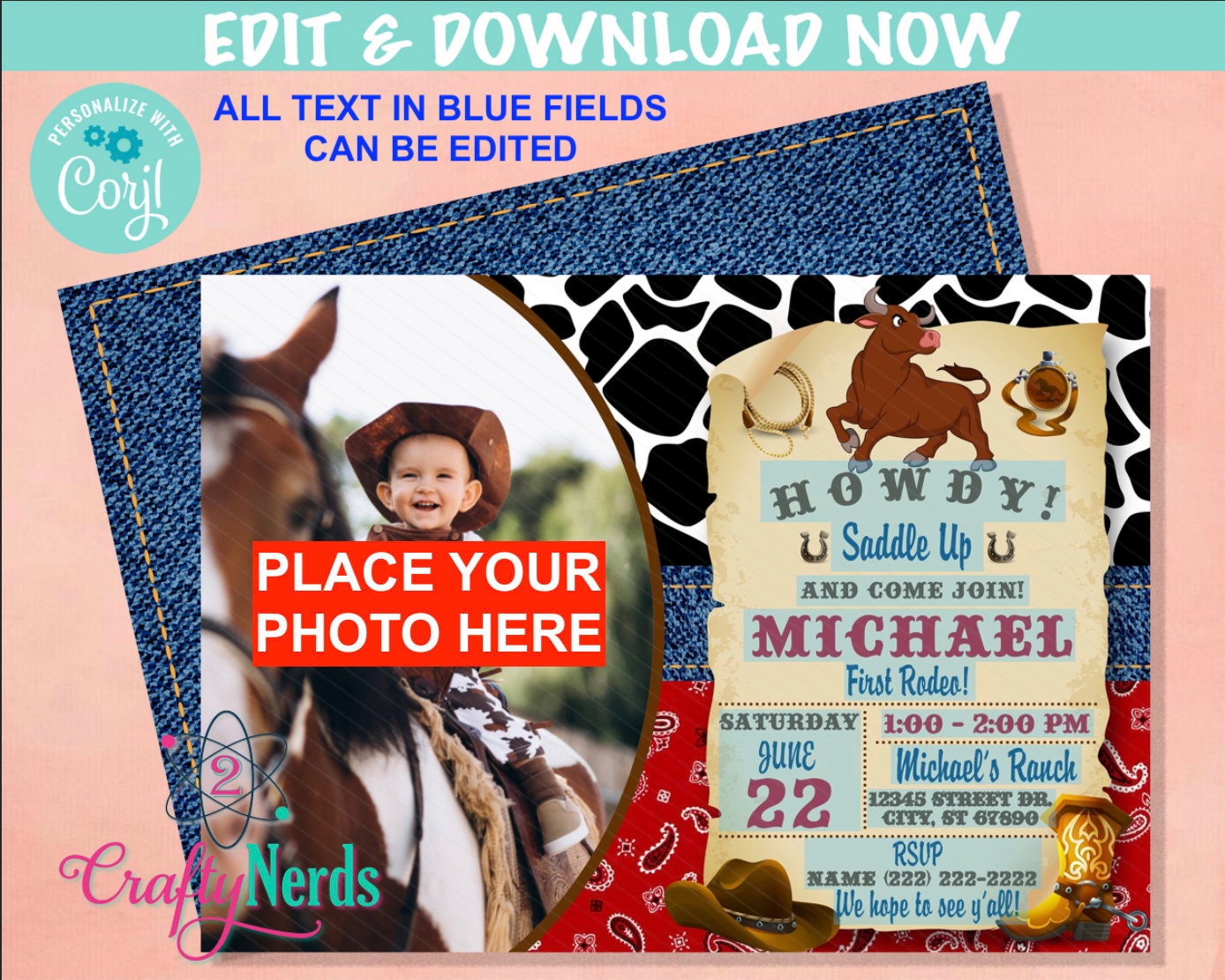 Bull Rider Invitation Rodeo Bull Cowboy Wild West Birthday Invitation With Photo, Western ...