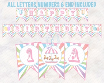 May include: A pink and white banner with a circus theme. The banner says "Happy Birthday" with a hot air balloon on each end. There are also individual flags with the letters "A" and "1" and a carousel image.