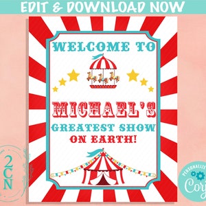 Carnival Circus Birthday Sign, Circus Birthday Welcome Sign Circus Sign | Editable Instant Download | Edit Online NOW Corjl | INSTANT ACCESS