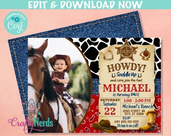 Cowboy Wild West Birthday Invitation With Photo, Western Party | Editable Instant Download | Edit Online NOW Corjl | INSTANT ACCESS