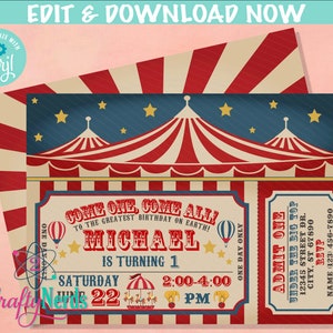 Carnival Circus Birthday Invitation with Tent Top, Circus Carnival | Editable Instant Download | Edit Online NOW Corjl | INSTANT ACCESS