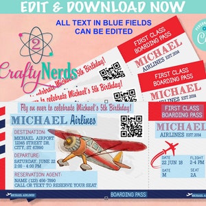 May include: A printable birthday party invitation featuring a red, white, and blue airplane with a blue sky background. The invitation is designed to look like an airline boarding pass with the text "Fly on over to celebrate Michael's 5th Birthday!" and "MICHAEL Airlines".