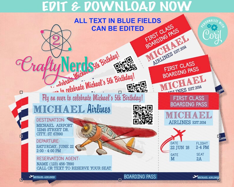 May include: A printable birthday party invitation featuring a red, white, and blue airplane with a blue sky background. The invitation is designed to look like an airline boarding pass with the text "Fly on over to celebrate Michael's 5th Birthday!" and "MICHAEL Airlines".
