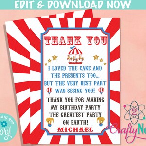 May include: A red and white striped thank you card with a blue border. The card features a cartoon carousel and the text "Thank You" in large, bold letters. The text reads "I loved the cake and the presents too... but the very best part was seeing you! Thank you for making my birthday party the greatest party on earth! Michael"