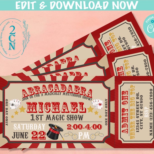 Magic Show Ticket Birthday Invitation, Magic Act Party invitation Retro | Editable Instant Download | Edit Online NOW Corjl | INSTANT ACCESS