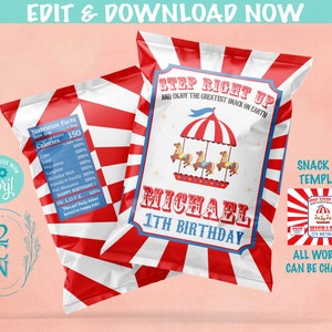Circus Birthday Chips Bag, Carnival Party Popcorn Bag, 1oz Snack Bag | Editable Instant Download | Edit Online NOW Corjl | INSTANT ACCESS